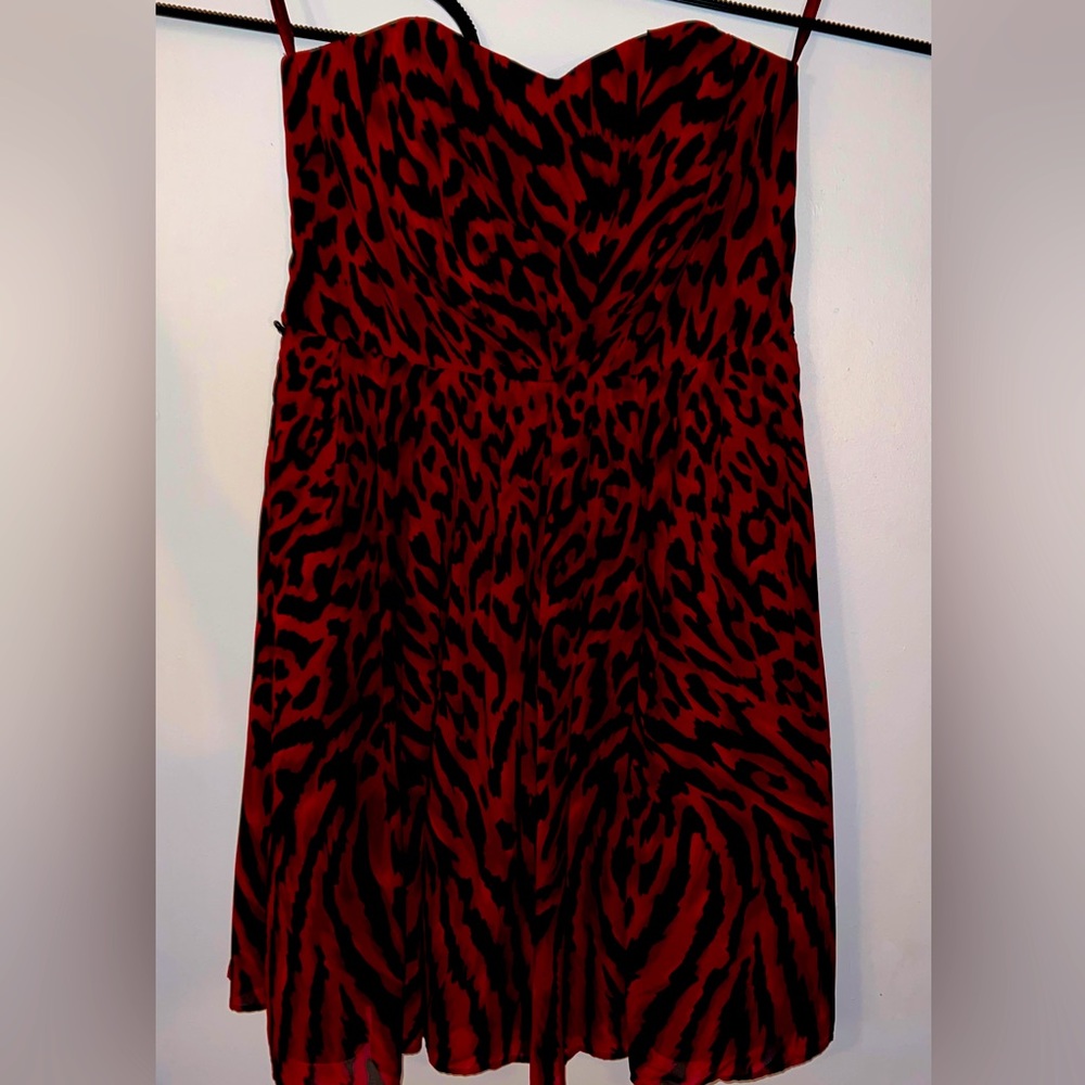 White House Black Market Red and black animal print strapless dress